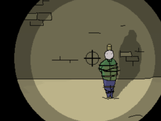 A nameless man, tied to a post, is visible through the scope of a gun.