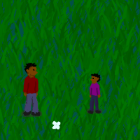 A screenshot from Passing the Ball showing a parent and child in a field of grass.