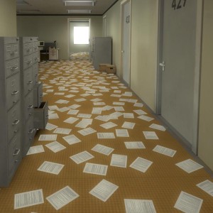 A screenshot from The Stanley Parable with papers scattered on the floor of an office